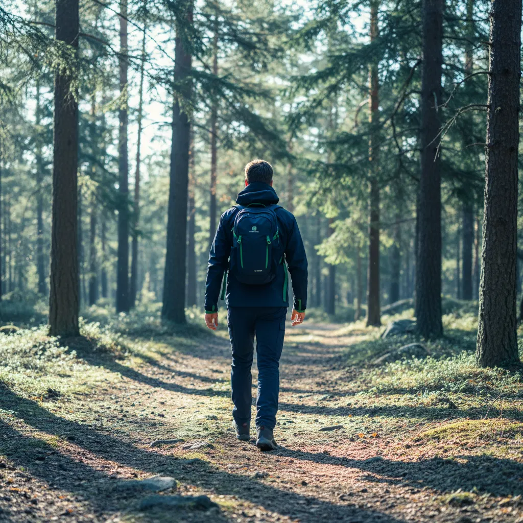 Aktiv person i rörelse på skogsstig i Sverige
